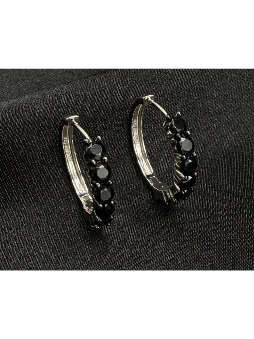 925 Sterling Silver Black Onyx Hoop Earrings FZN Signed Elegant Jewelry